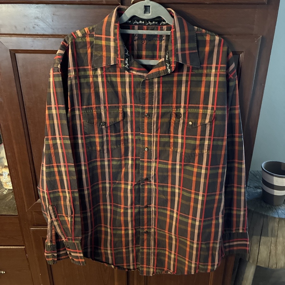 George Strait Shirt Mens Extra Large Brown Red Paid Western Pearl Snap Cowboy